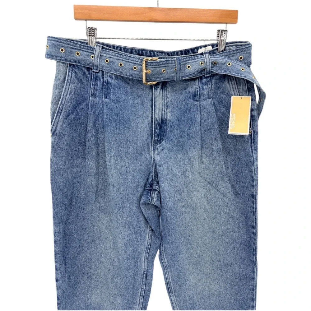 NWT Michael Kors Pleated Belted Denim Pants Vintage Wash High Rise Tapered Sz 12